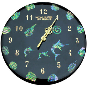 NZ Design Paua Clock Large                 all clocks can be made to your own design using our Maori symbols,fern,koru, matua, piriti, kiwis,marlin,dolphin,nz maps large or small just email to ask about your design
