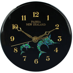 Emblem Paua Clock Large    all clocks can be made to your own design using our Maori symbols,fern,koru, matua, piriti, kiwis,marlin,dolphin,nz maps large or small just email to ask about your design