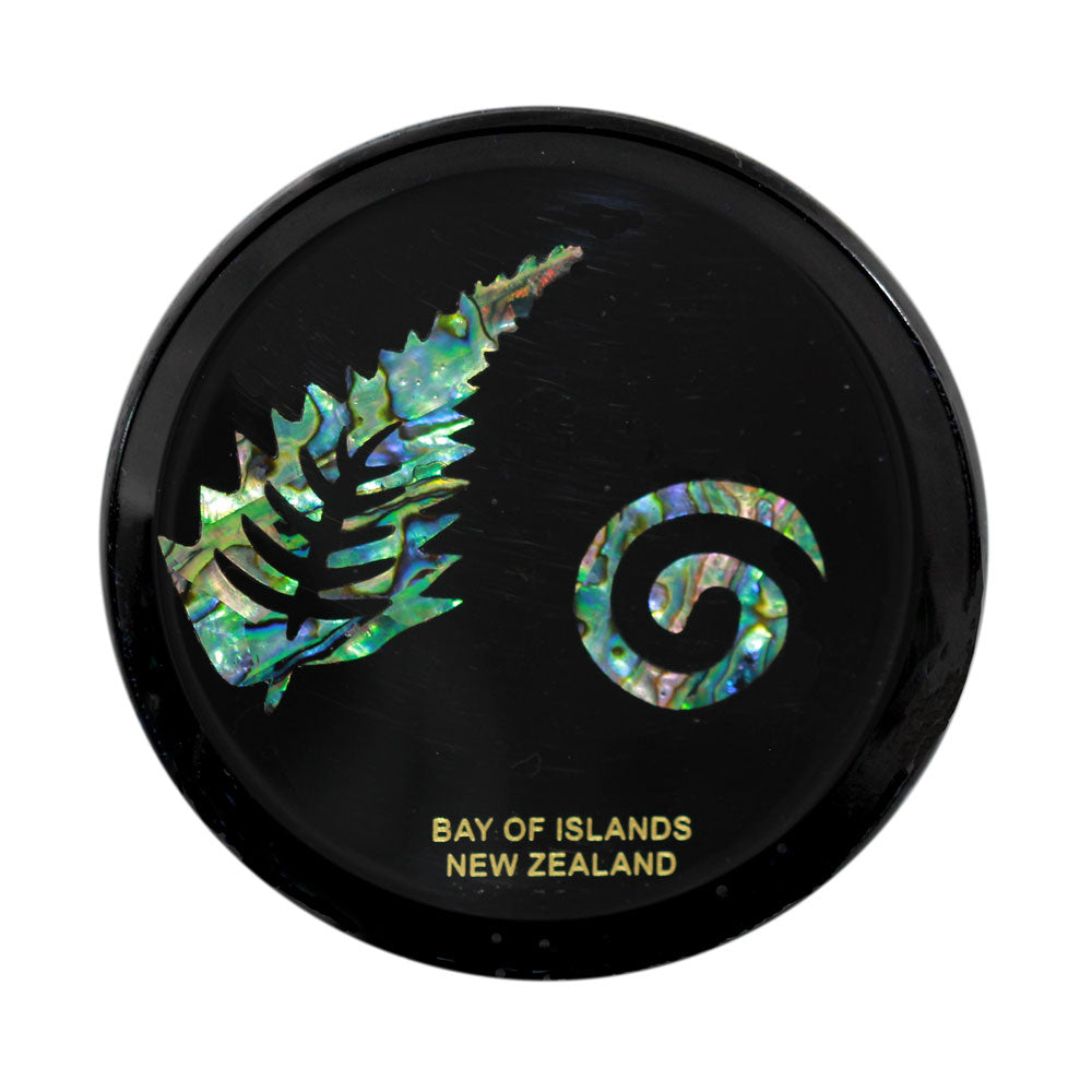 Paua Coaster Fern & Koru    Fern represents strength in times of stress,and uncertainty, Koru represents new beginnings,hope,rebirth,personal growth,purity and peace ,