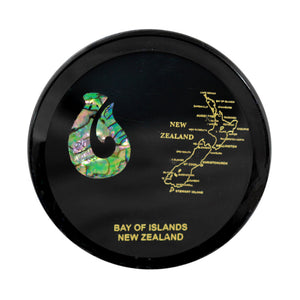 Paua Coaster Matau+Map  Hook represents strength,prosperity,and good luck,when travelling & NZ Map